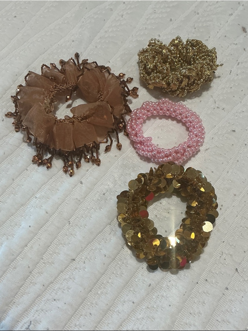 Gold, copper, pink and brown hair scrunchies! All 4 one price!beautiful!